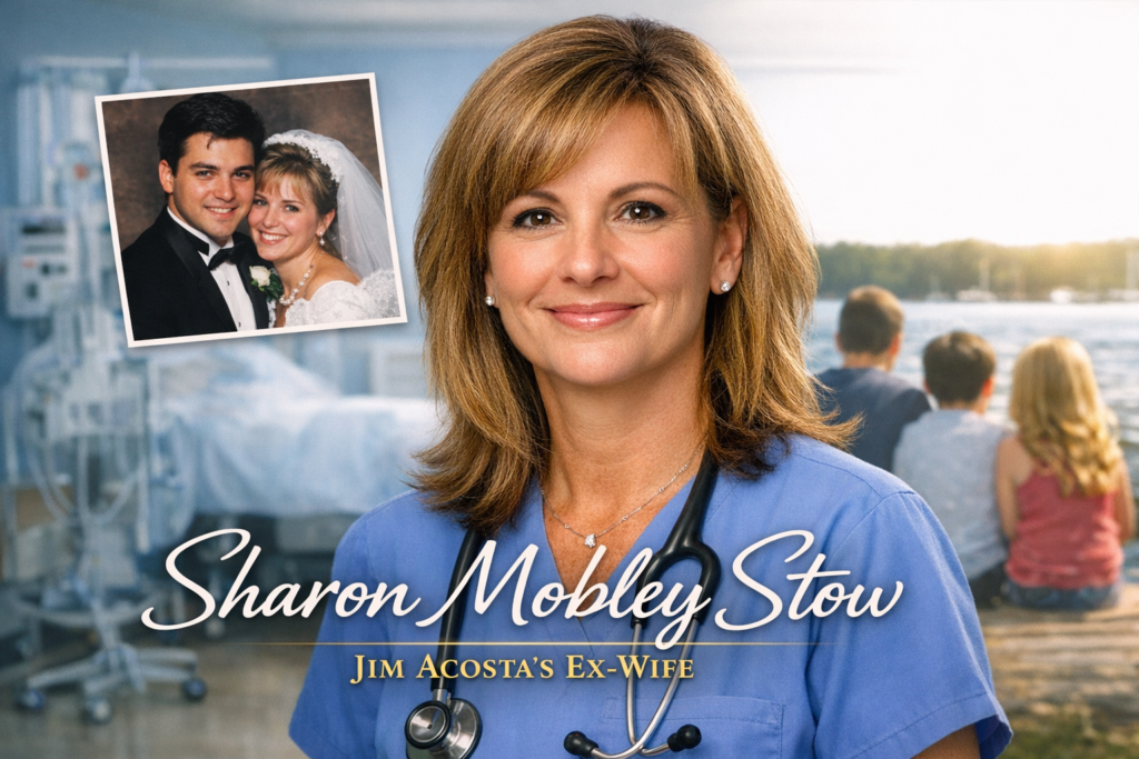 Sharon Mobley Stow wearing blue nurse scrubs with stethoscope, with subtle background showing family and hospital setting