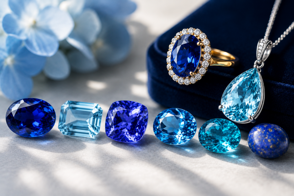 Blue Gemstones: Guide to Types, Properties, Meanings, Values, and Jewelry Choices Luxury blue gemstones and jewelry featuring sapphire, aquamarine, tanzanite, and blue topaz arranged in an elegant flat lay.