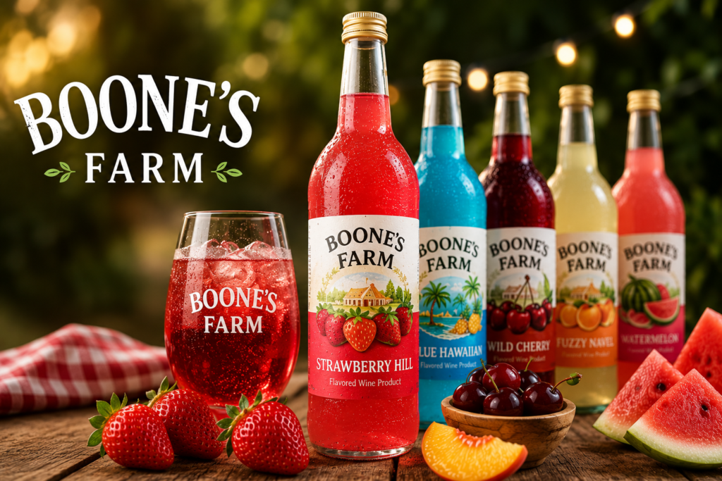 Colorful Boone’s Farm bottles displayed outdoors with Strawberry Hill front and center beside fresh fruit and a chilled drink.