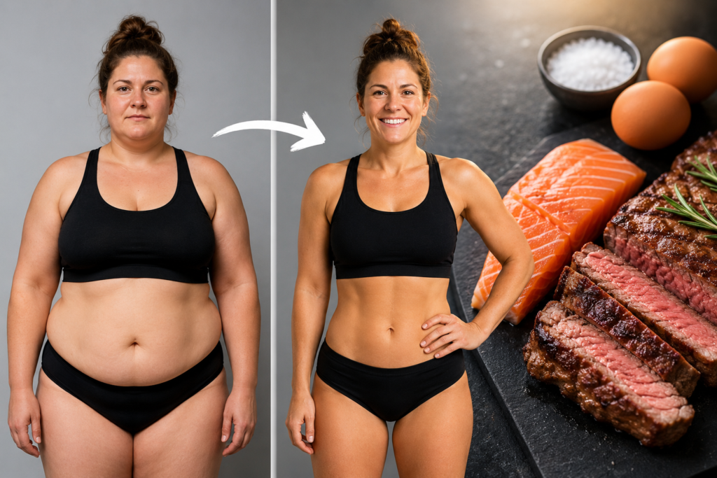 Woman’s carnivore diet before and after transformation beside steak, salmon, eggs, and animal-based foods.