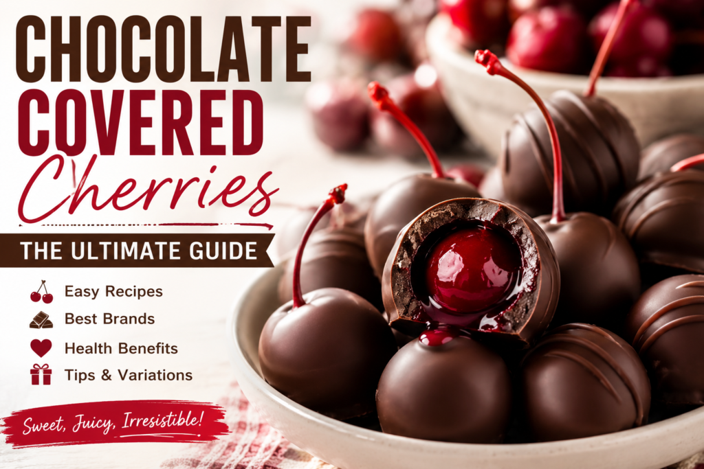 Chocolate Covered Cherries: Recipes, Health Benefits, Buying, and Loving Them Close-up of glossy chocolate covered cherries with a juicy liquid cherry center inside rich dark chocolate coating.