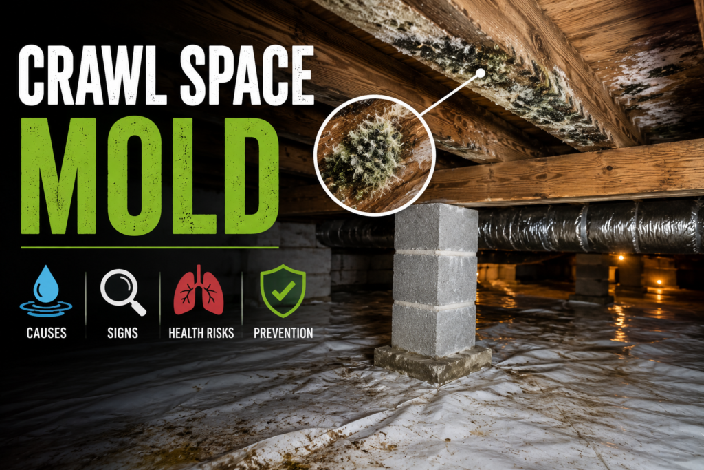 Crawl Space Mold: Causes, Signs, Health Risks, Removal, and Prevention Crawl space mold growing on wooden beams beneath a home
