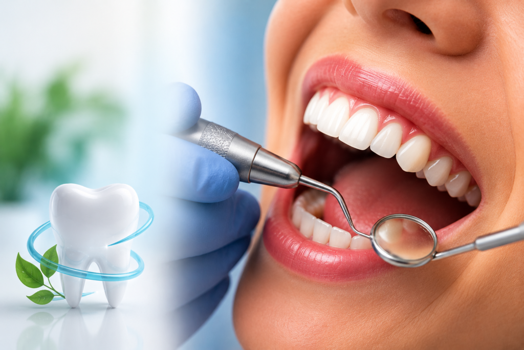Close-up of a professional deep cleaning teeth procedure with dental tools removing plaque for healthier gums and brighter teeth.