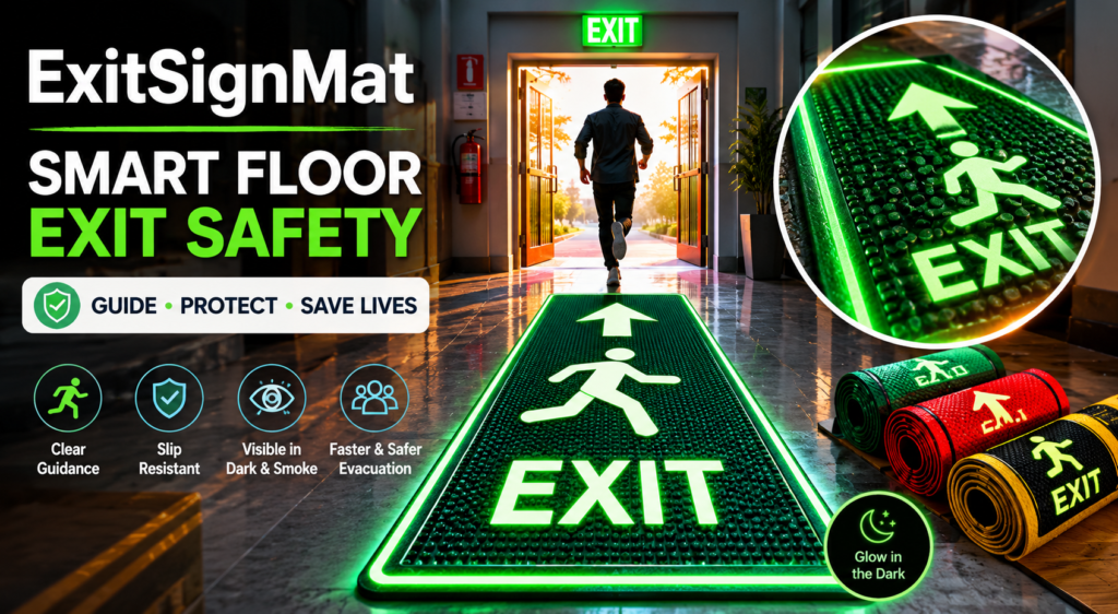 Glowing ExitSignMat emergency floor mat guiding people toward an illuminated exit in a modern commercial hallway.