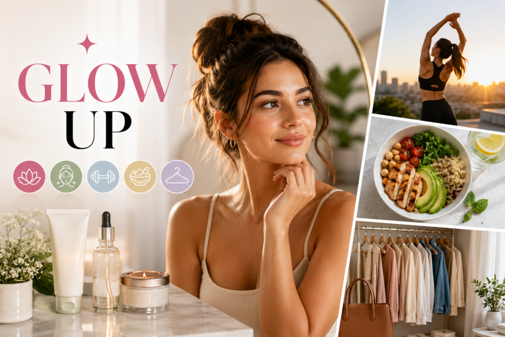 How to Glow Up: 2026 Guide to Transforming Mentally, Physically, and Confidently Woman with glowing skin surrounded by fitness, skincare, healthy food, and fashion elements representing a complete glow up lifestyle.