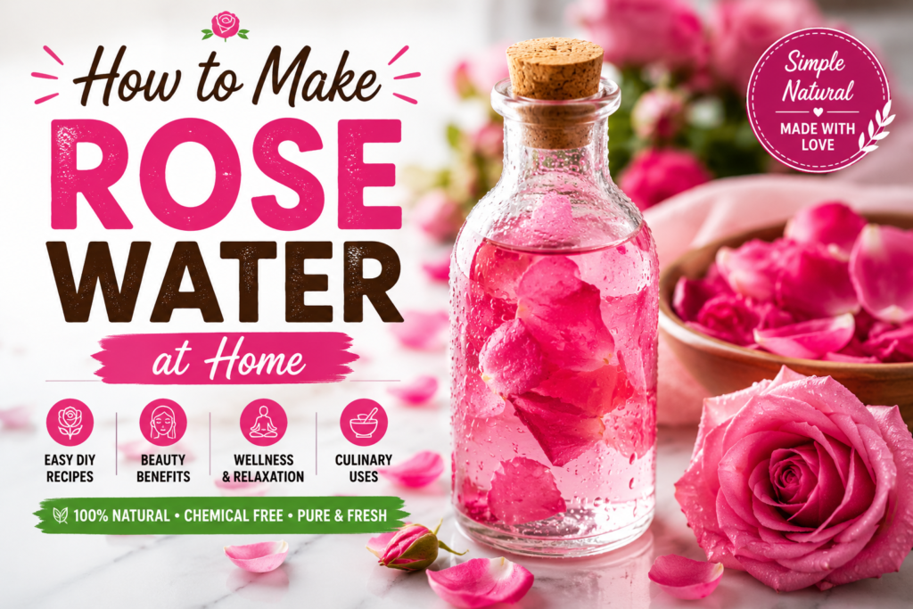 DIY homemade rose water in a glass bottle surrounded by fresh pink roses and petals with text showing beauty, wellness, and skincare benefits.