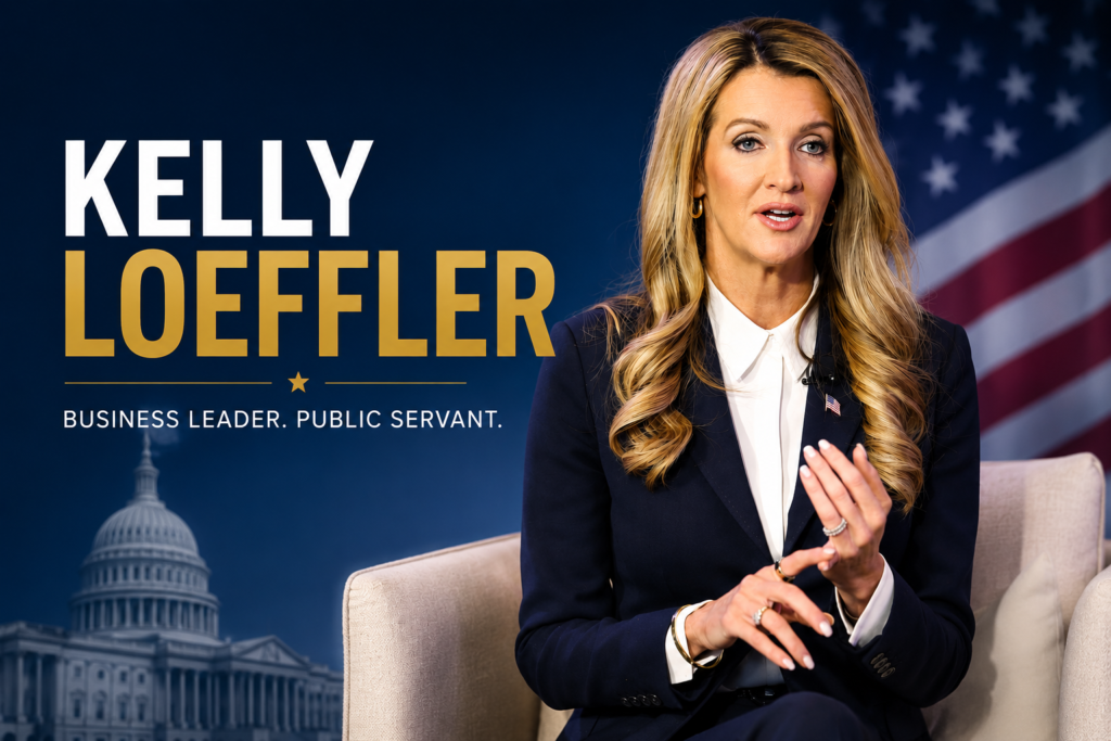 Kelly Loeffler speaking at an event with an American flag background
