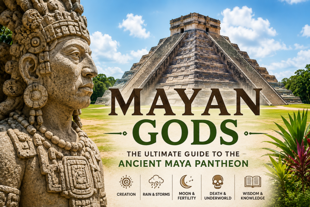 Ancient Mayan pyramid and stone deity statue at Chichen Itza representing Mayan gods, mythology, and the ancient Maya pantheon.