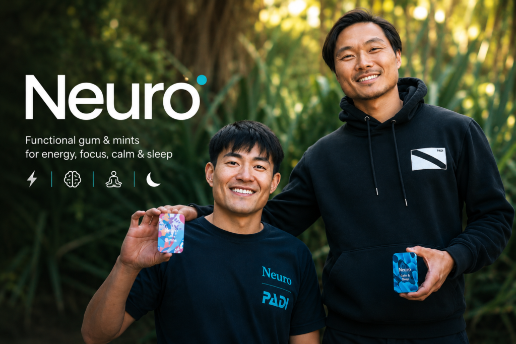 Neuro Gum Net Worth 2026: From Shark Tank Rejection to a $100M+ Functional Gum Powerhouse Neuro founders holding functional gum and mint products outdoors with branding focused on energy, focus, calm, and sleep support.