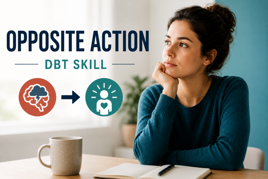 Opposite Action DBT: The Complete Guide to Changing Your Emotions by Changing Your Behavior Opposite Action DBT skill illustration with woman practicing emotional regulation