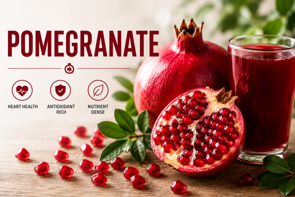 Pomegranate: Health Benefits, Nutrition Facts, Recipes and Uses Fresh pomegranate fruit and juice showcasing health benefits and nutrition