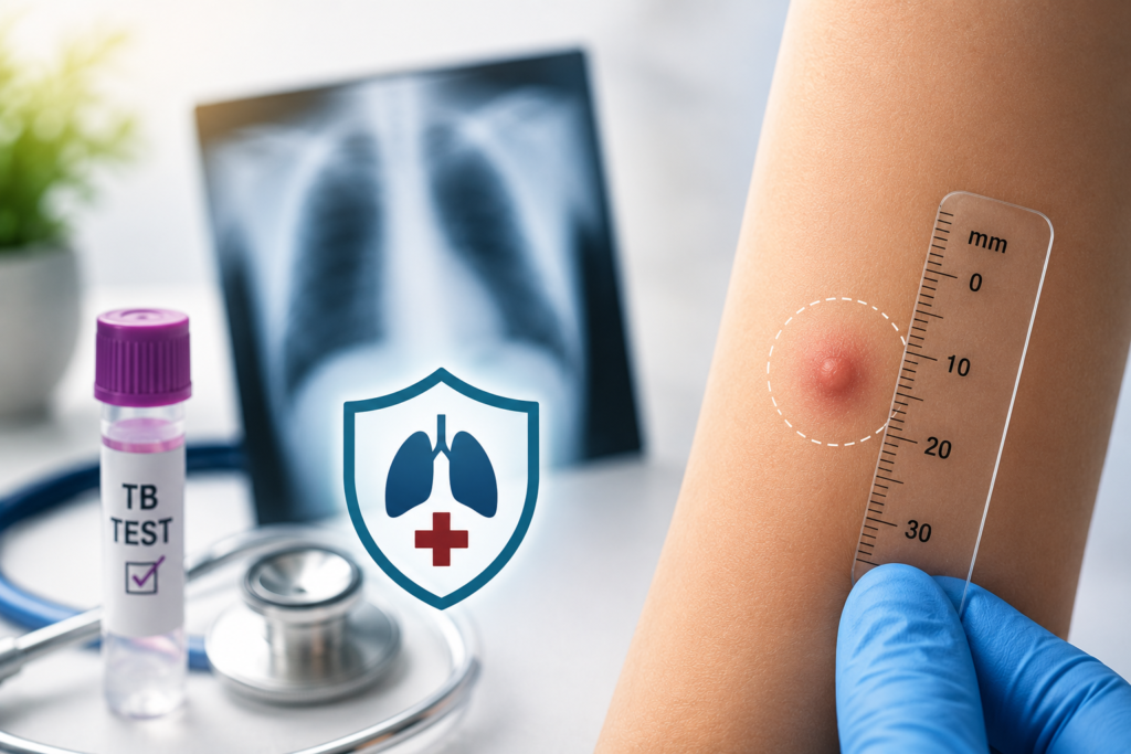 Positive TB Skin Test, close-up of a positive TB skin test being measured with a ruler on a patient’s forearm in a clinical setting.