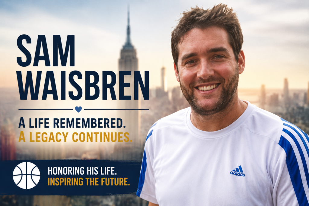 Portrait-style memorial featured image of Sam Waisbren smiling with a New York City skyline background and tribute text honoring his legacy.