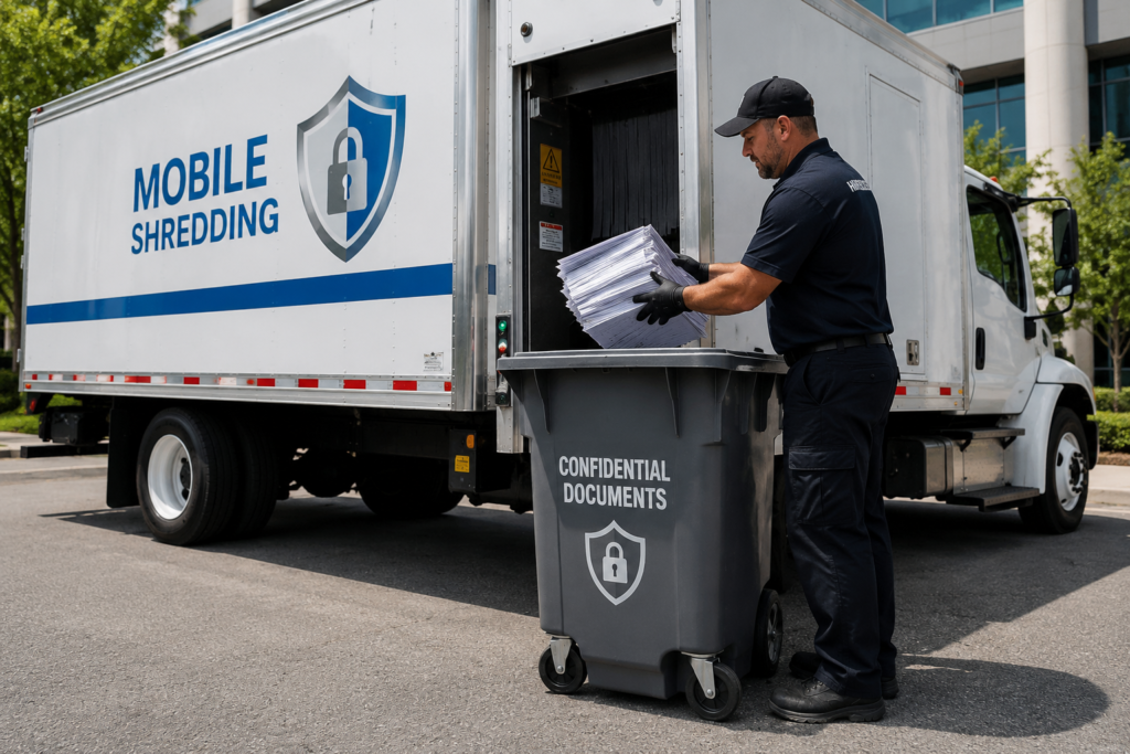 Mobile document shredding truck securely destroying confidential documents at a business location