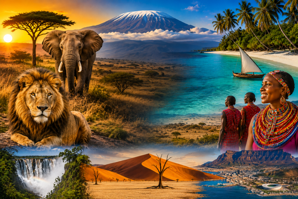African travel collage featuring a lion, elephant, tropical beach, Mount Kilimanjaro, desert dunes, waterfall, vibrant local culture, and coastal city landscapes. Best African Country to Visit in 2026