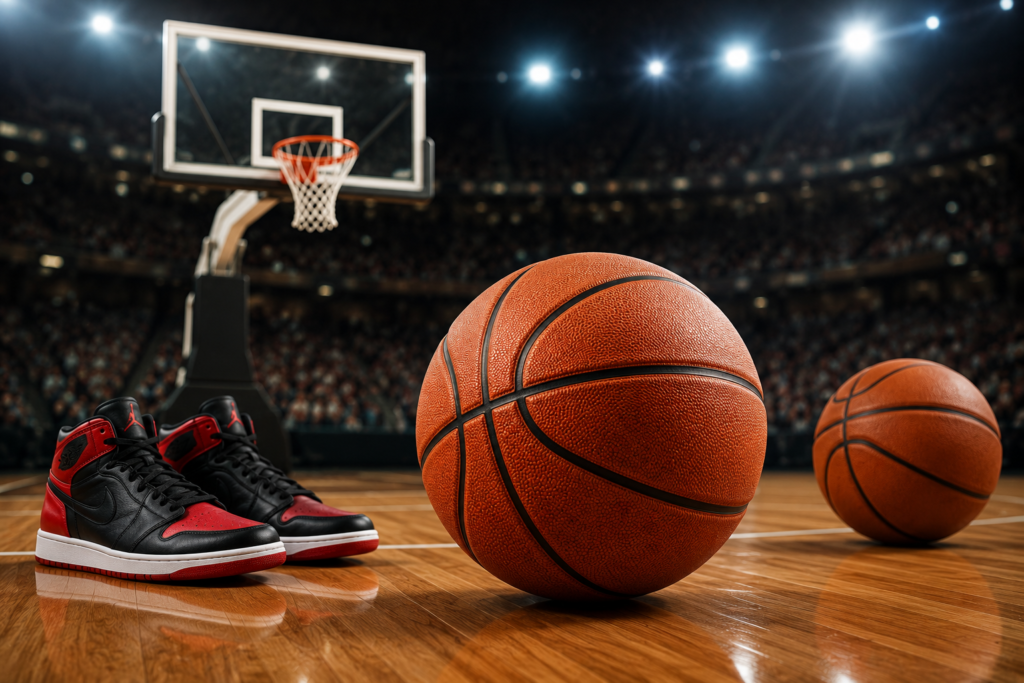Fun facts about basketball featured image showing basketballs, basketball shoes, and a hoop on a professional indoor basketball court.