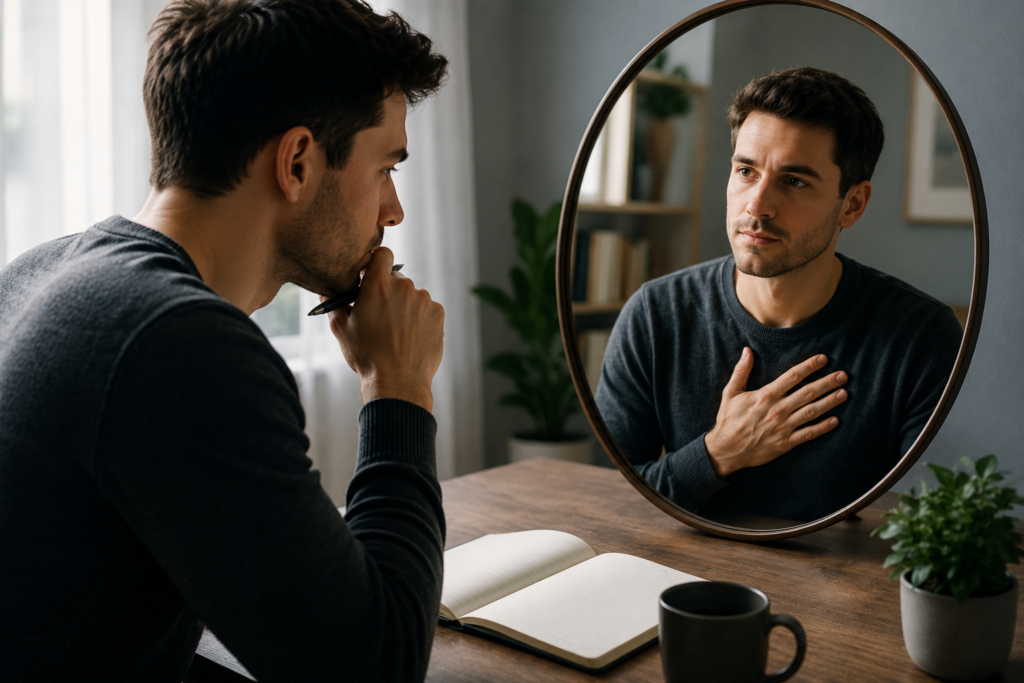 Man reflecting on his behavior while looking into a mirror, symbolizing self-awareness, personal growth, and overcoming narcissistic traits.