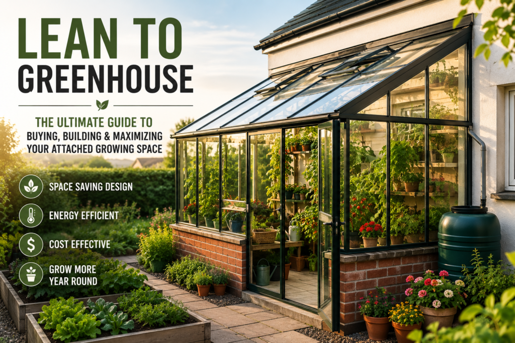 Lean to greenhouse attached to a house with raised garden beds and thriving plants for year-round home gardening.