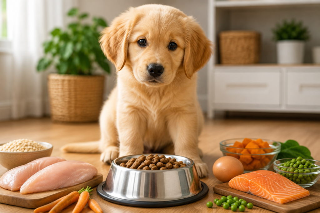 What to Feed a Puppy: The Complete Guide to Healthy Puppy Nutrition Golden Retriever puppy sitting beside a bowl of puppy food with healthy ingredients including chicken, salmon, eggs, carrots, and peas. What to Feed a Puppy