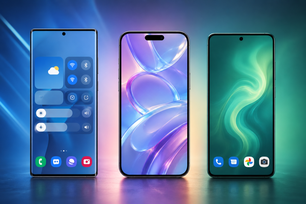 One UI 8 vs iOS 26 vs Moto Hello UI comparison showing Samsung, Apple, and Motorola smartphone interfaces