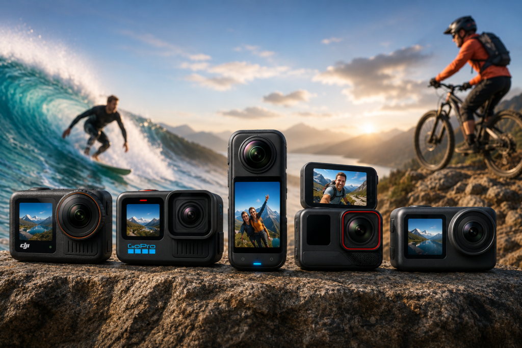 Best Action Cameras 2026 featuring DJI Osmo Action 6, GoPro Hero 13 Black, Insta360 X5, Insta360 Ace Pro 2, and AKASO Brave 7 LE