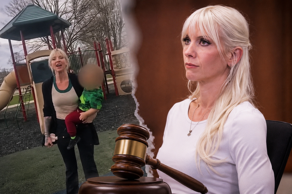 Shiloh Hendrix shown in a split-image collage featuring the 2025 Rochester playground confrontation and her appearance during the 2026 disorderly conduct trial.